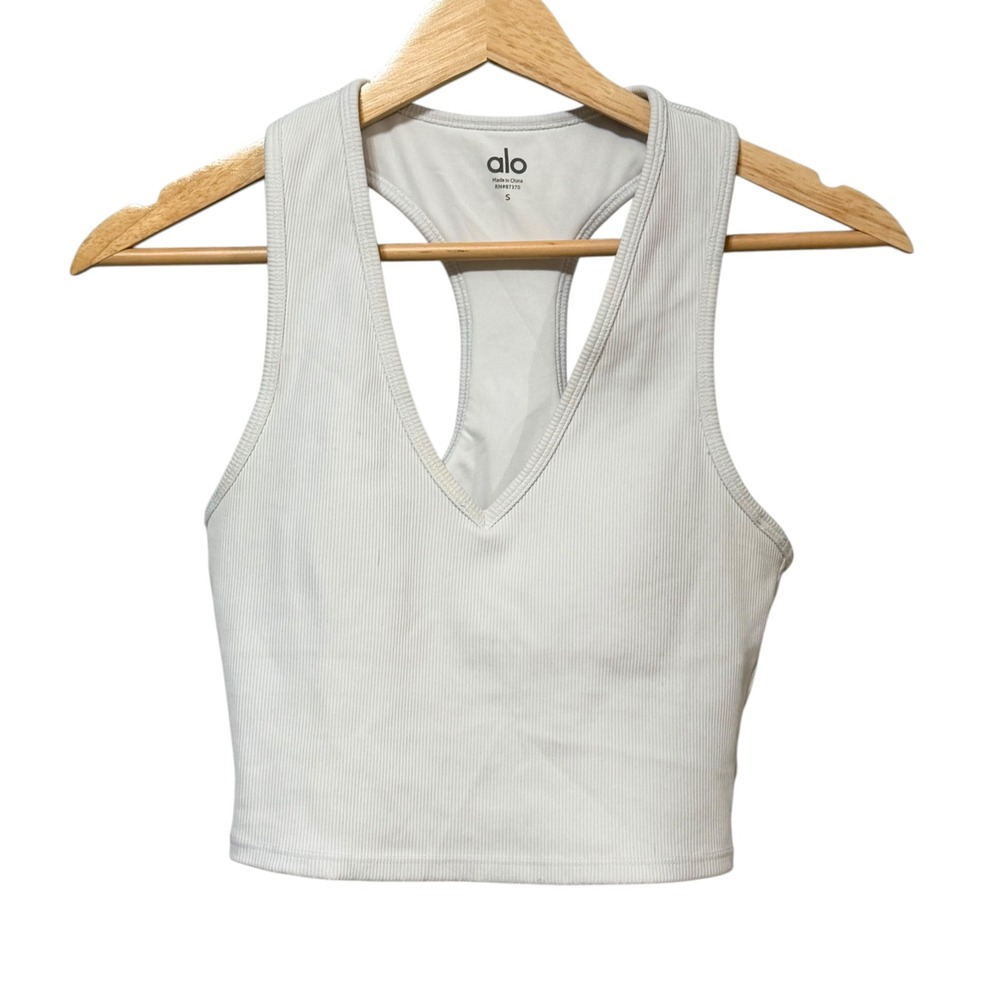 Alo Yoga White Ribbed Wellness Bra V-Neck Racerback Crop Tank Small RN87370